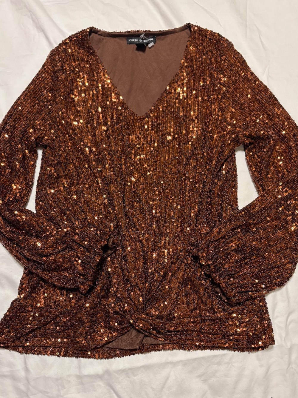 Cable & Gauge Brown Bronze Sequin Twist Front V-Neck Top - S / NWOT
